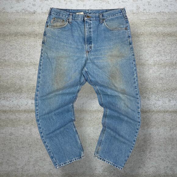 Vintage Carhartt Jeans Relaxed Fit Light Wash Work Wear Denim Leather Logo 90s - Picture 2 of 11